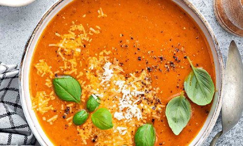 Tomato Basil Soup in a ceramic bowl